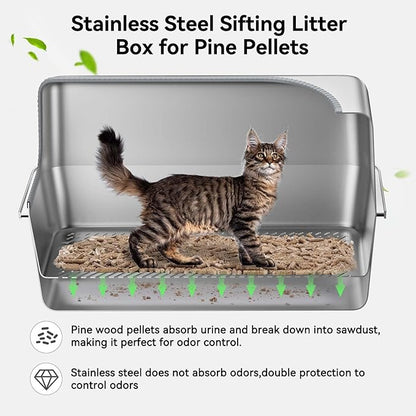 XXL All Stainless Steel Sifting Litter Box for Pine Pellets,Sifting Cat Litter Box with Lid,16''High Sides Metal Sifter Litter Pan System for Big Cats,Odor Control,Easy to Clean