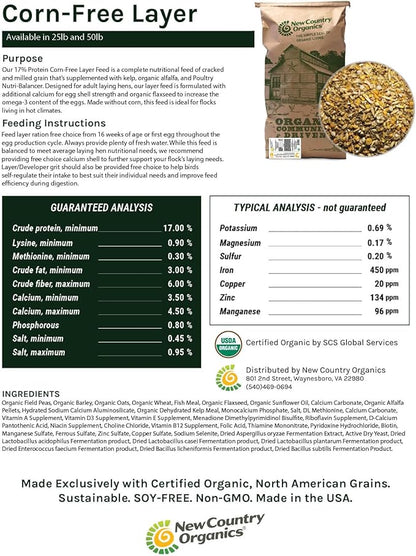 New Country Organics | Corn-Free Classic Layer Chicken Feed for Laying Hens | Corn-Free and Soy-Free | 17% Protein | Certified Organic and Non-GMO Chicken Food | 25lbs Bag