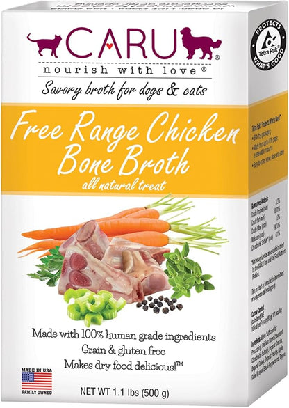Caru Free Range Chicken Bone Broth For Dogs And Cats, Moistens Dry Food Or Pour Over Freeze Dried Raw Food, Grain And Gluten Free, Non-Gmo Ingredients (1.1 Lbs)