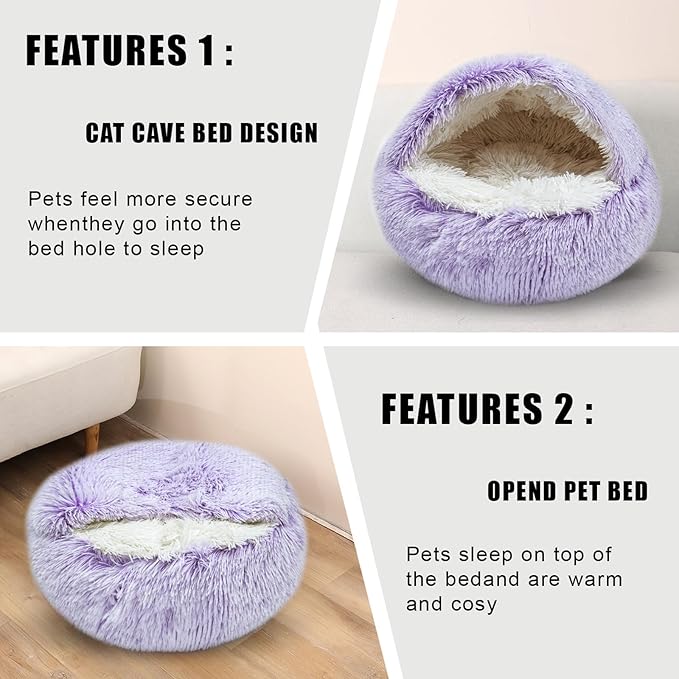FORMYCATIE Cat Beds for Indoor Cats,Cat Cave for Puppy and Kitty,Calming Small Dog Bed for Small Dogs with Cover Cave,Cozy Warming Fluffy Washable Anti-Slip Pet Sleeping Bag(24 * 24inch,Purple)