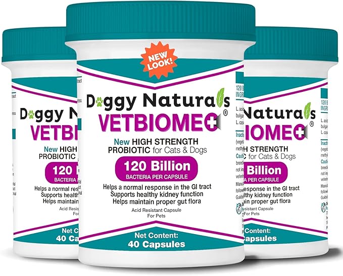 Vetbiome Plus High Strength Probiotics for Pets (120 Capsules) - 120 Billion CFU, 9 - Strain Formula – Third Party Tested - Made in U.S.A (120 Caps (3 Pack))