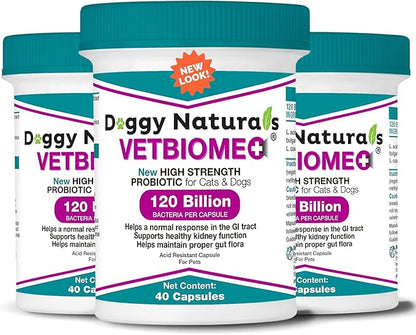 Vetbiome Plus High Strength Probiotics for Pets (120 Capsules) - 120 Billion CFU, 9 - Strain Formula – Third Party Tested - Made in U.S.A (120 Caps (3 Pack))