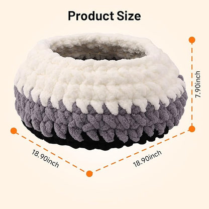 Handwoven Soft Cat Cave Bed, Indoor Cat Beds with Washable Round Nest, Kitten House & Cat Furniture, White & Gray