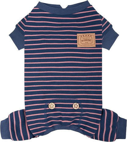 KYEESE Dog Pajamas, Stretchable Velvet Fleece 4 Legs Doggie Jammies, Striped Jumpsuit Pet Onesie, Cozy Outfit Comfortable Dog Clothes, Hair Shedding Cover Pet Sleepwear,Navy Blue Striped, Medium