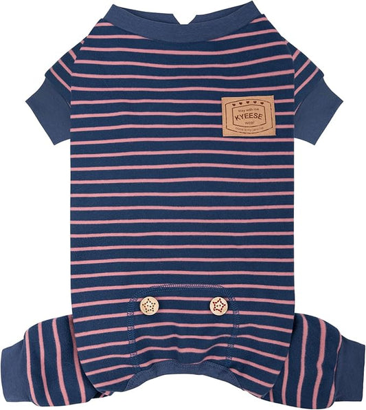KYEESE Dog Pajamas, Stretchable Velvet Fleece 4 Legs Doggie Jammies, Striped Jumpsuit Pet Onesie, Cozy Outfit Comfortable Dog Clothes, Hair Shedding Cover Pet Sleepwear,Navy Blue Striped, Medium