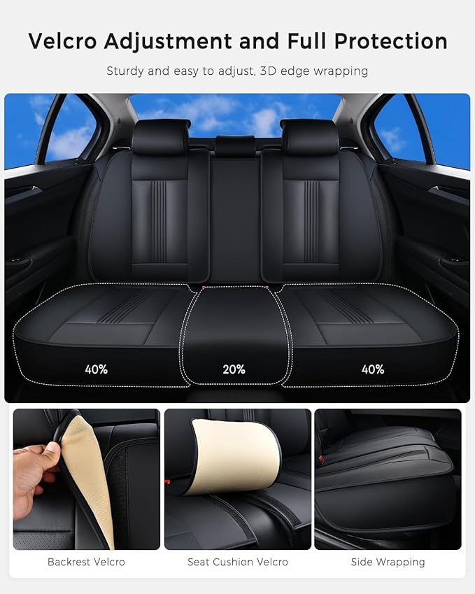 Huidasource Back Seat Cover, Nappa Leather Back Car Seat Cover with Ventilation Holes, Velcro Adjustable, Compatible with Armrests, Seat Belts, Child Safety Seats, Fit for Most Cars SUV Trucks, Black