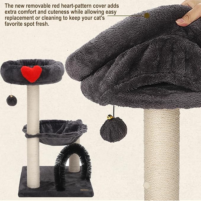Simple Deluxe 27.8" Small Cat Tree Tower for Indoor Cats, Multi-Level Cute Cat Tree with Scratching Post| Plush Hammock| Perch| Replaceable Cover| Groomer Brush| Dangling Ball for Kittens Play & Rest