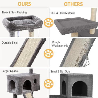 SHA CERLIN Cat Tree 36 Inches Cat Tower with Hammock, Sisal Scratching Post for Indoor Kittens, Small Room, Grey