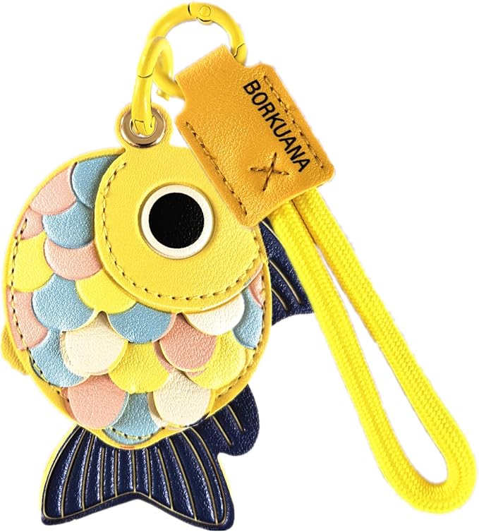 Leather Keychain Holder Case Compatible with AirTag,Cute Protective Cover with Keyring and Lanyard,Anti-Scratch Finder GPS Tracker Case for Wallet Keys,Bag,Pets,Backpack(Yellow Fish)