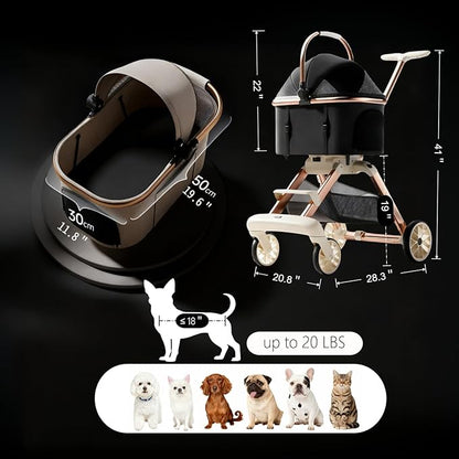 All-Terrain Pet Stroller for Small Medium Dogs & Cats, 20 lbs Capacity - Portable Carrier with One-Touch Brake, Lightweight Foldable Design & Shock Absorption Wheels,Beige