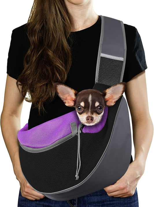 Pawaboo Dog Sling Carrier, Hand Free Breathable Mesh Bag for Puppy Cat, Drawstring Dog Papoose with Adjustable Strap and Pocket, Crossbody Satchel Dogs Purse for Outdoor Travel, M, Deep Purple