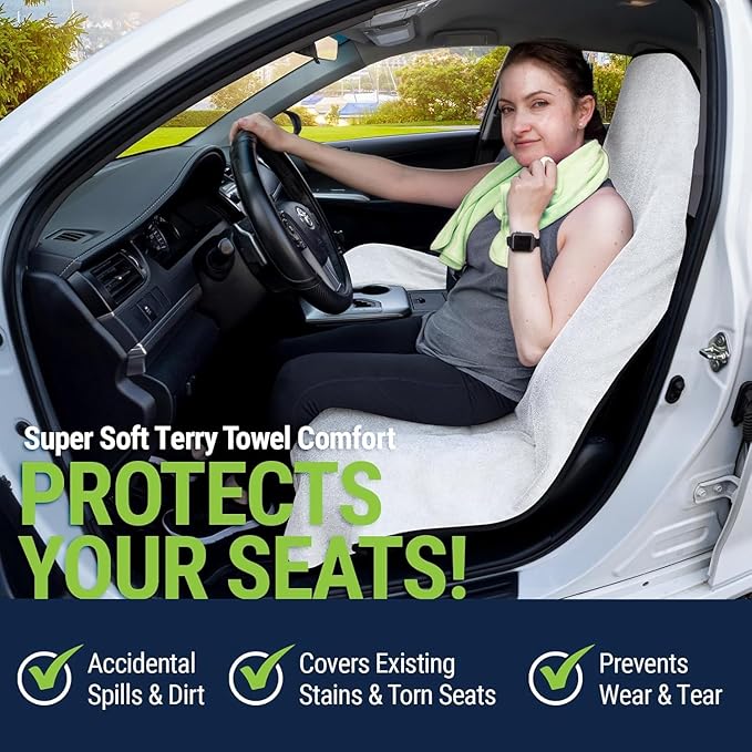 Season Guard Waterproof Towel Seat Cover with Non Slip Grip - Washable Carseat Protector Great for Gym Workout - Universal Terry Cloth Seat Cushion with Pocket Fit for Car SUV Van Truck 1pcs White