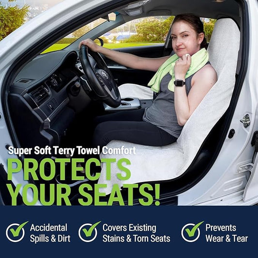 Season Guard Waterproof Towel Seat Cover with Non Slip Grip - Washable Carseat Protector Great for Gym Workout - Universal Terry Cloth Seat Cushion with Pocket Fit for Car SUV Van Truck 1pcs White