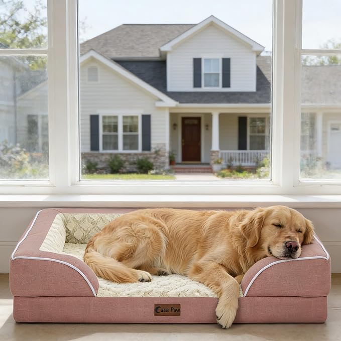 Orthopedic Dog Beds for Large Sized Dogs, Waterproof Memory Foam Large Pet Bed with Sides 35x22Inch, Non-Slip and Egg-Crate Foam Big Dog Couch Bed with Removable Washable Cover, Pink