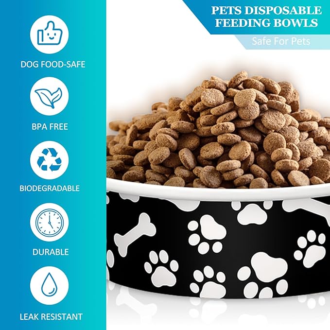 Whaline 50Pcs Pet Disposable Feeding Bowls Black White Paper Dog Bowls Small Dog Dish 16oz 2 Cup Pet Food Bowls Serving Food Tray for Puppy Cat Travel Wet Dry Food Water