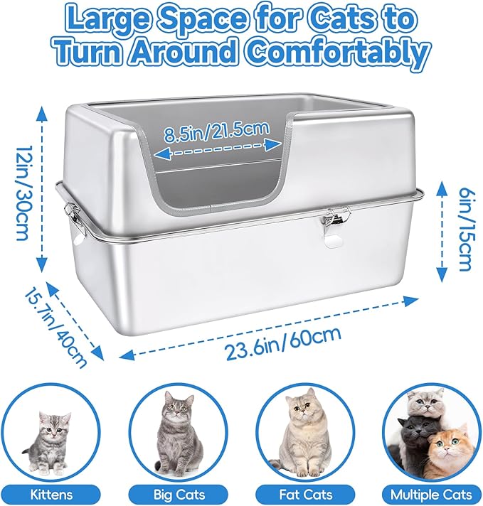 Stainless Steel Cat Litter Box, 23.6" L x 15.7" W x 11.8" H XXL Extra Large Semi Enclosed Removable Metal Litter Tray with High Sided Enclosure, Scoop, Non-Sticky, Easy Cleaning