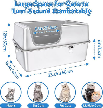 Stainless Steel Cat Litter Box, 23.6" L x 15.7" W x 11.8" H XXL Extra Large Semi Enclosed Removable Metal Litter Tray with High Sided Enclosure, Scoop, Non-Sticky, Easy Cleaning