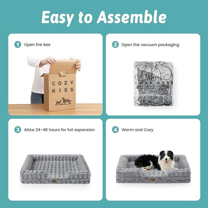 COZY KISS Orthopedic Dog Bed for Extra Large Dog 44x32 inch, XL Faux Fur Pet Sofa, Bolster Foam Bed with Sides, Non-Slip and Egg-Crate Big Dog Couch Bed with Washable Removable Cover, Grey