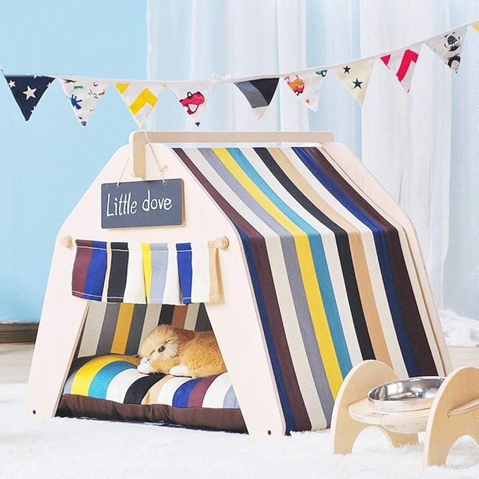 Pet beds, Pet Bed Tent Wooden Dog House Pet Bed Cat Bed Yurt Washable Kennel Cat Litter Small(64x77x60cm)