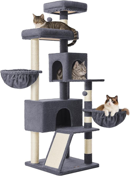 Feandrea Cat Tree, 68.5-Inch Tall Cat Tower, Multi-Level Plush Condo with Large Perch, Scratching Posts, Double Caves, Dark Gray UPCT006G02
