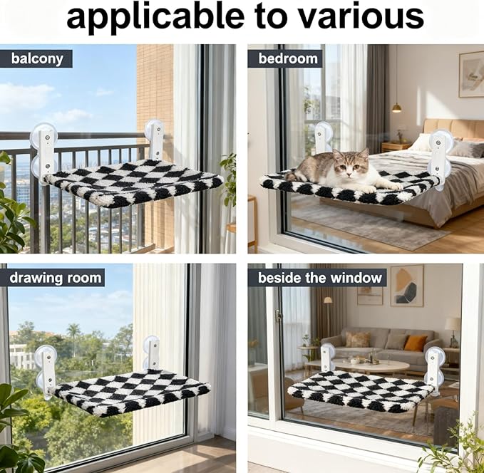 Cat Window Perch, Foldable Cat Hammock Seat for Window with Metal Frame and Large Suction Cups, Window Perch for Cats Inside, Hold 40lb (Black and White, XL)