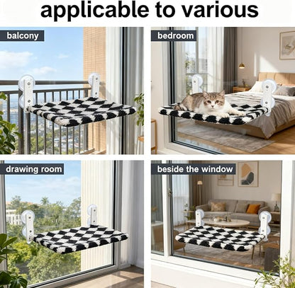 Cat Window Perch, Foldable Cat Hammock Seat for Window with Metal Frame and Large Suction Cups, Window Perch for Cats Inside, Hold 40lb (Black and White, L)
