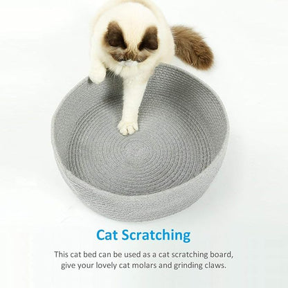 Cat Bed Basket Nest Round Cotton Rope Woven Warm Medium,Pet Sleeping Bed House Cute Fun Scratcher Scratching Scratch Mat Pad for Puppy Small Dogs Indoor Play Eco Washable Winter Summer (Gray)