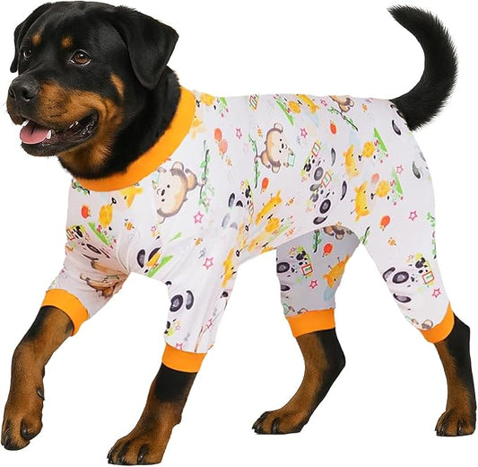 LovinPet Labrador Pajamas - Pet Anxiety Relief Shirt, Dog Pajamas, UV Protection Comfy Stretchy Fabric, White Animal Print, Large Dog Pjs, Pitbull Clothes, Surgical Recovery Shirt, Orange M