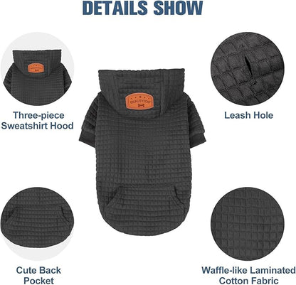 BEAUTYZOO Small Dog Hoodie Sweater with Pockets, Dog Clothes for Small Medium Dogs Boy Girl, Waffle-Like Laminated Cotton Pet Coats with Hat and Leash Hole, Black ML
