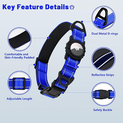Taglory AirTag Dog Collar with Waterproof Holder for Medium Dogs, Navy Blue | Reflective for Night Walks & Low-Light Safety, Track Your Pup Peace of Mind, Adjustable Soft Padded, No More Dangling Tags M