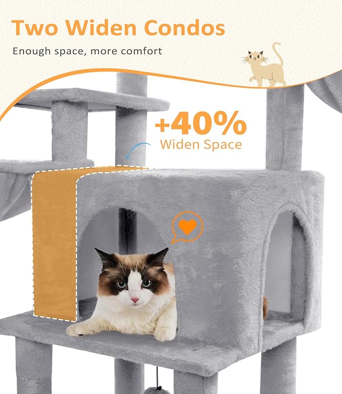 ABCPET Cat Tree Large Cat Tower Tree 68" Multi-Level Cat Tower for Indoor Cats with Sisal Scratching Posts, Widen Cat Perche, Square Hammock, 2 Widen Condos, Scratching Posts, Light Grey
