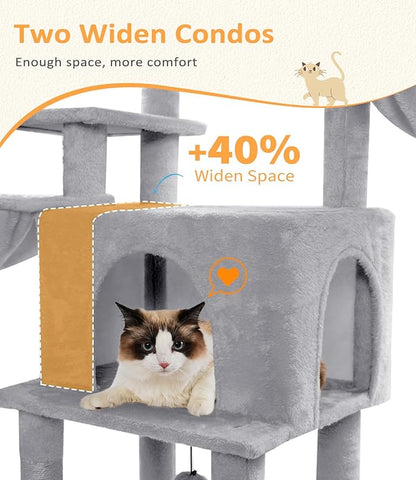 ABCPET Cat Tree Large Cat Tower Tree 68" Multi-Level Cat Tower for Indoor Cats with Sisal Scratching Posts, Widen Cat Perche, Square Hammock, 2 Widen Condos, Scratching Posts, Light Grey