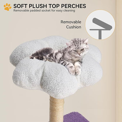 YITAHOME 48.4in Flower Cat Tree Tower with Detachable Perch, Cute Cat Climbing Tower for Indoor Cats with Sisal Scratching Posts and Board, Cat Condo, Purple and White
