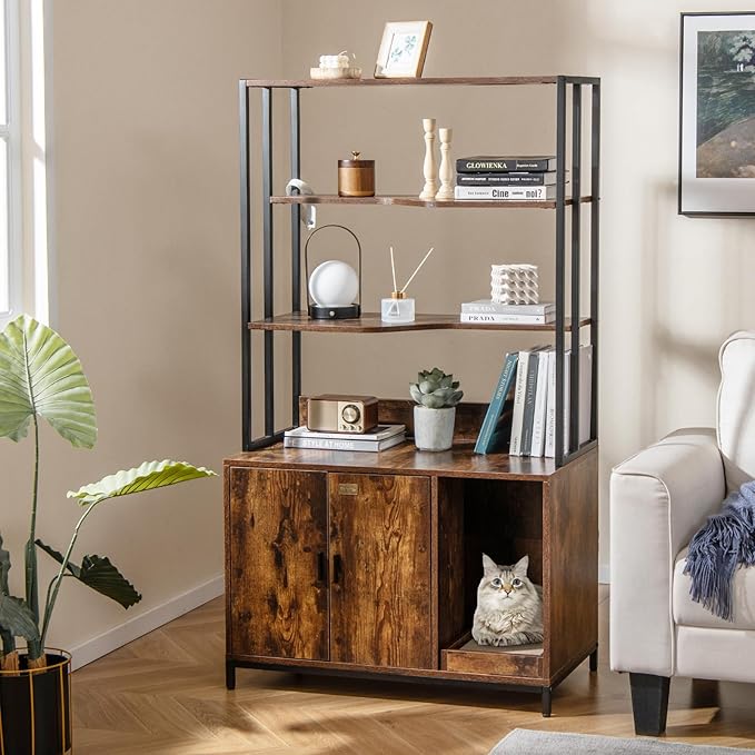 PETSITE Cat Litter Box Furniture with 3 Shelves and Doors, 61 inch Tall Cat Box Enclosure with Display Shelves, Scratching Pad, Indoor Hidden Litter Box with Decorative Storage Shelving (Rustic Brown)