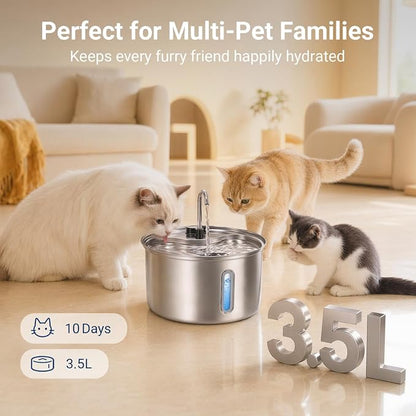 304 Stainless Steel Cat Water Fountain, 118oz/3.5L Cat Fountain with Ultra-Quiet Pump, Water Level Window, Smart Pump Protection, Automatic Cat Water Dispenser Includes 4 Replacement Filters