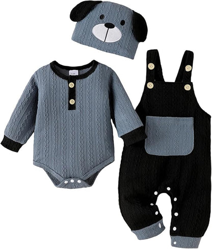 FOCUTEBB Baby Boy Clothes Cute Long Sleeve Romper Infant Pocket Overalls Adjustable Suspender Pants Set 0-18 Months