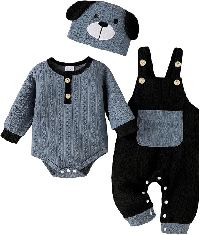 FOCUTEBB Baby Boy Clothes Cute Long Sleeve Romper Infant Pocket Overalls Adjustable Suspender Pants Set 0-18 Months