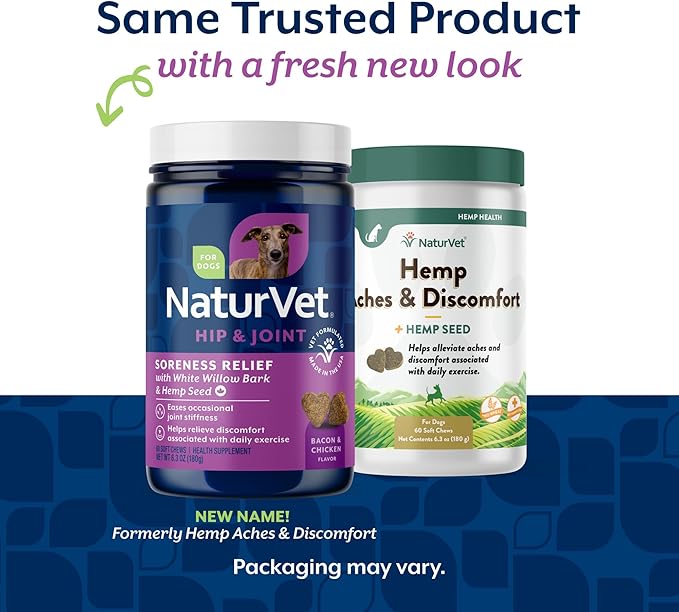 NaturVet Hemp Aches & Discomfort Plus Hemp Seed for Dogs, 60 ct Soft Chews, Made in The USA