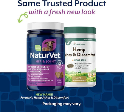 NaturVet Hemp Aches & Discomfort Plus Hemp Seed for Dogs, 60 ct Soft Chews, Made in The USA