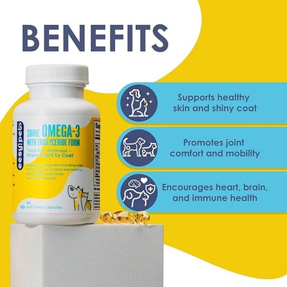 Shine Omega-3 Fish Oil for Dogs & Cats, Human Grade EPA & DHA in Triglyceride (TG) Form, Supports Skin & Shiny Coat, Joint Comfort, Heart, Brain & Immune Health, 60 Twist Capsules, USA Made