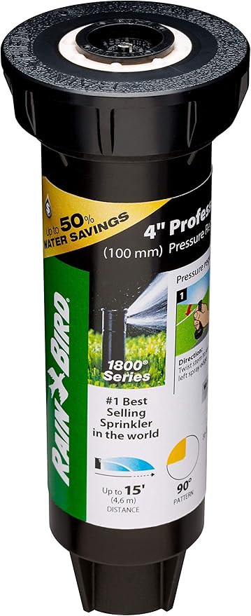 Rain Bird 1804QDSP25 Pressure Regulating (PRS) Professional Dual Spray Pop-Up Sprinkler, 90° Quarter Circle Pattern, 8' - 15' Spray Distance, 4" Pop-up Height
