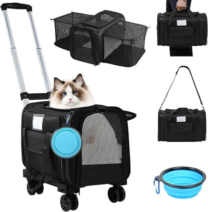 Pet Carrier Airline Approved, Expandable Pet Cat Carriers with Wheels for Dogs, Airline Approved Cat Dog Carrier, TSA Approved Pet Carrier In Cabin, Pet Dog Cat Carrier Soft, Cat Travel Carrier(Black)
