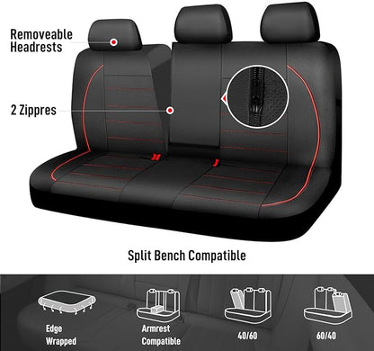 CAR PASS Leather Back Seat Cover,Piping Waterproof Bench Seat Cover, Rear Seat Cover Universal Fit for Cars Sedans SUVs Truck 95% Automotive Interior Backseat Car Covers (Rear,Black and Red)