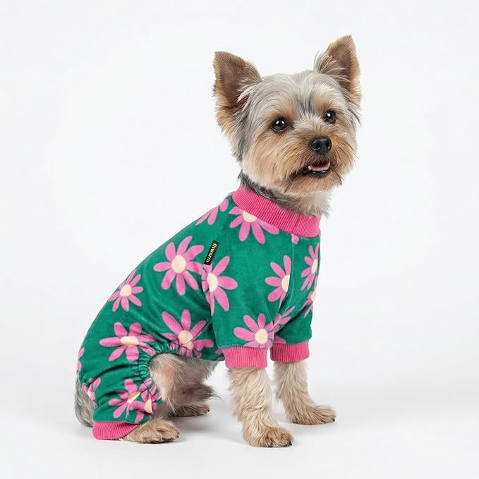 Fitwarm Flower Fleece Dog Pajamas, Warm Winter Dog Clothes for Small Dogs Girl, Cozy Pet Onesie with Feet, Dark Green, XL