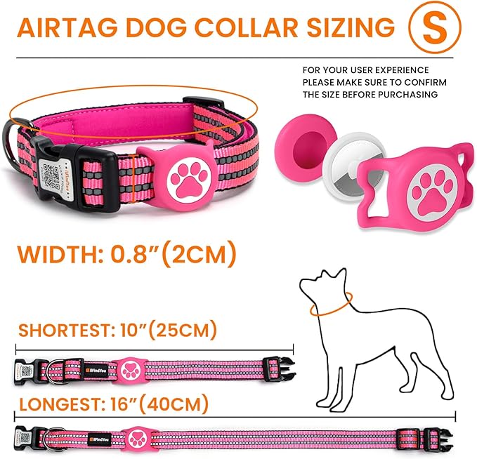 AirTag Dog Collar for Small Dogs, IP68 Waterproof Air Tag Dog Collar with Apple AirTag Holder, Reflective, Padded Lining, QR Code Personalized Dog Tags(Rose Red, Small)