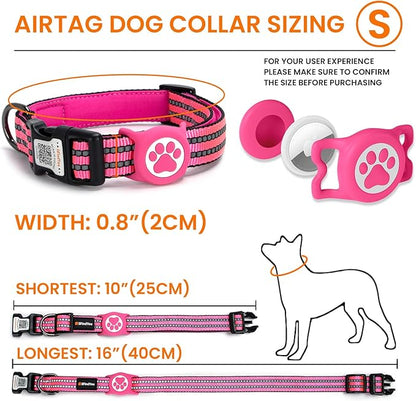 AirTag Dog Collar for Small Dogs, IP68 Waterproof Air Tag Dog Collar with Apple AirTag Holder, Reflective, Padded Lining, QR Code Personalized Dog Tags(Rose Red, Small)