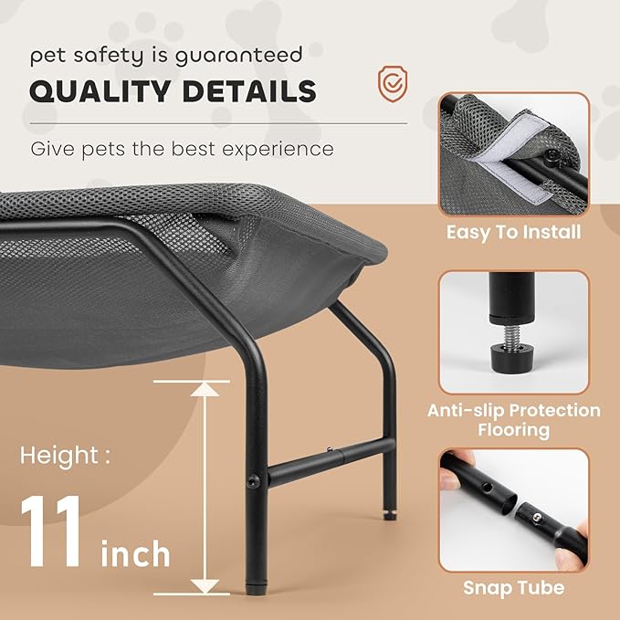 JUNSPOW Large Cat Hammock Bed - Free-Standing Square Pet Sleeping Bed, Detachable, Easy Assembly for Indoor/Outdoor Use (Gray)