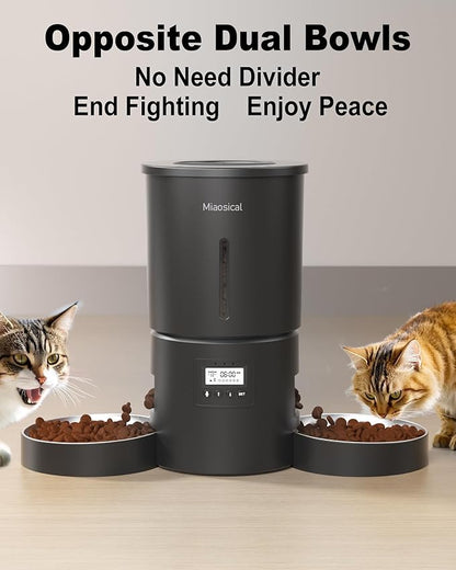 Miaosical Automatic Cat Feeder 2 Cats, 4.2L Dry Food Auto Dispenser with Double Bowls,Dual Power Supply,Programmable Portion Control,10s Voice Recorder(Black,Stainless Steel Bowls)