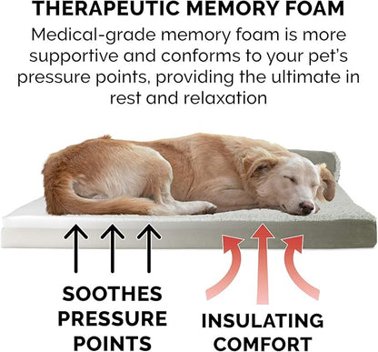 Furhaven Memory Foam Dog Bed for Medium/Small Dogs w/ Removable Bolsters & Washable Cover, For Dogs Up to 35 lbs - Two-Tone Plush Faux Fur & Suede L Shaped Chaise - Dark Sage, Medium