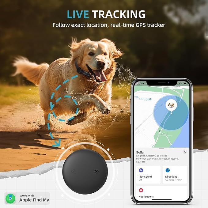 GPS Tracker for Dogs (iOS Only) Pet Activity Tracker, GPS Cat Tracker | No Monthly Fee, Compatible with Apple Find My, Anti-Lost, Finder Tag for Vehicles/Pets/Kids/Items (1 Pack)